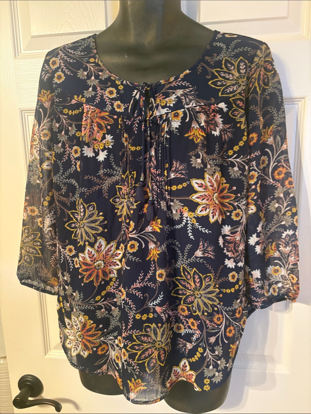 St. John's Bay Navy Floral Tie-Front Peasant Blouse